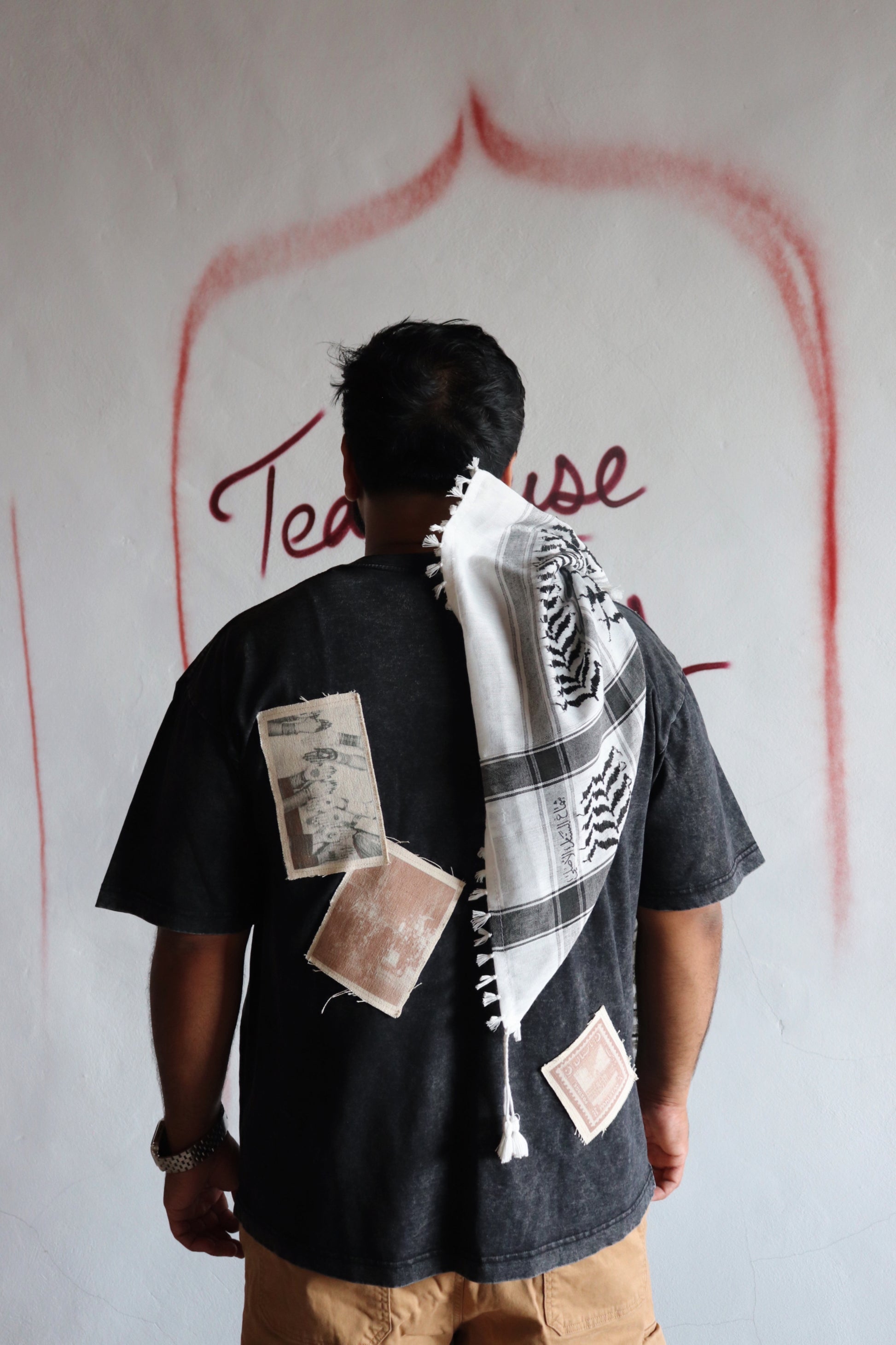 'Patches of Home' – Oversized Black Acid-Washed 100% Cotton Tee