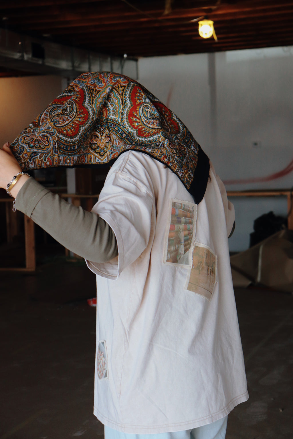 “Patches of Home” – Oversized Beige Light Acid-Washed 100% Cotton Tee