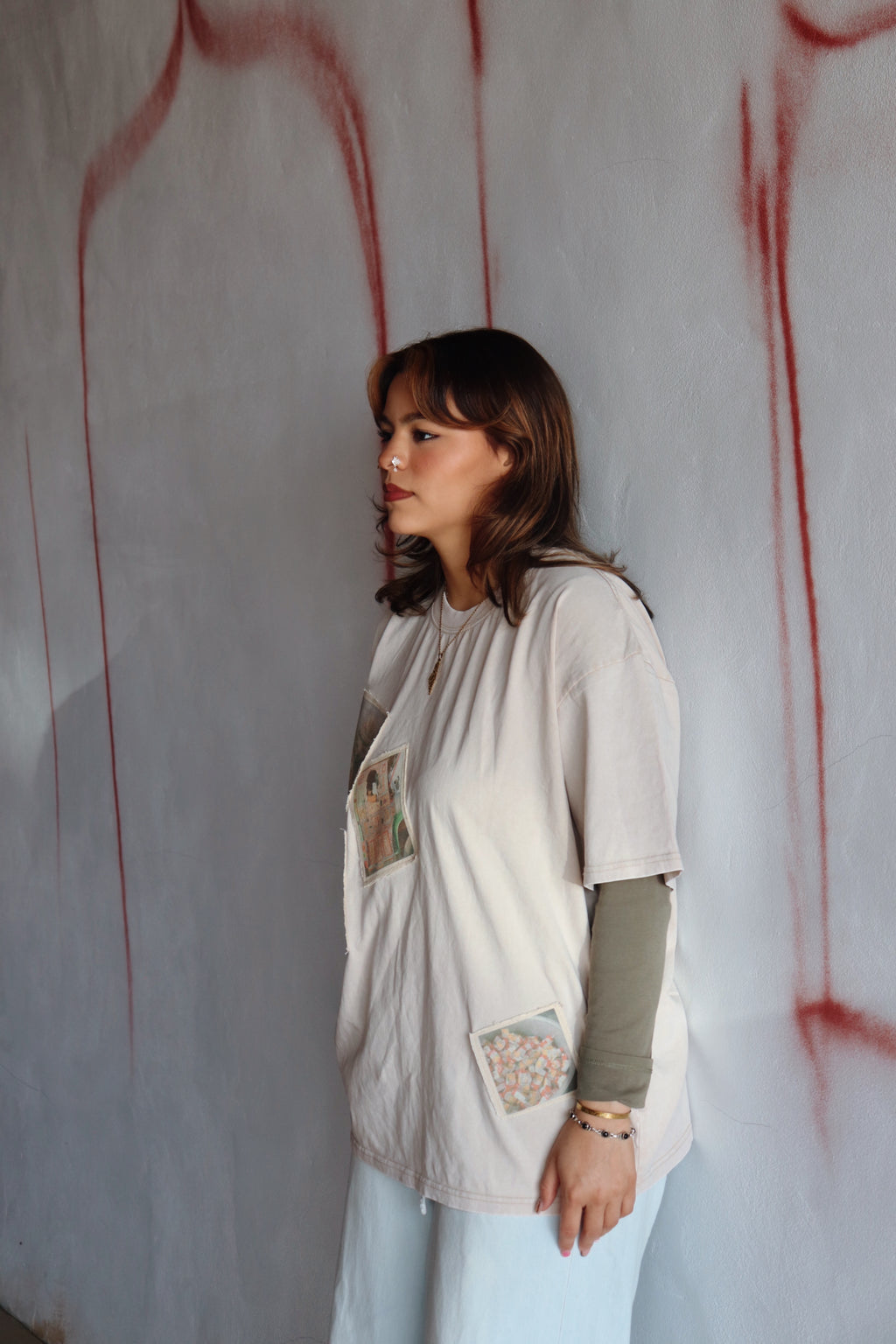 “Patches of Home” – Oversized Beige Light Acid-Washed 100% Cotton Tee
