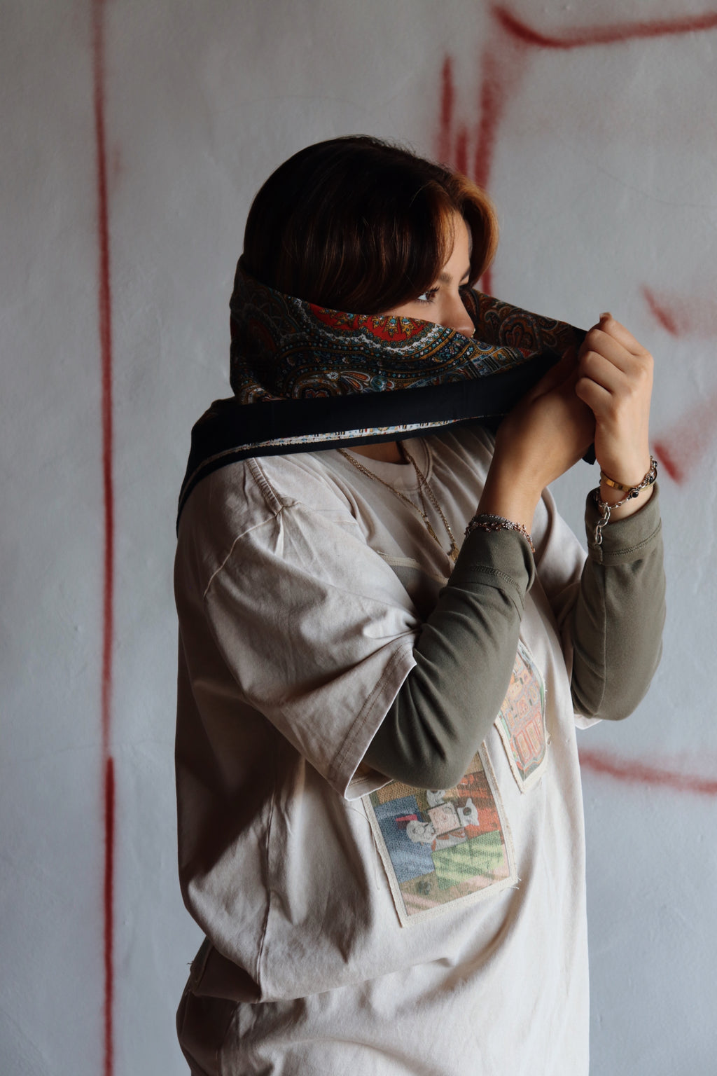 “Patches of Home” – Oversized Beige Light Acid-Washed 100% Cotton Tee