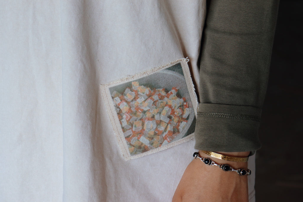 “Patches of Home” – Oversized Beige Light Acid-Washed 100% Cotton Tee