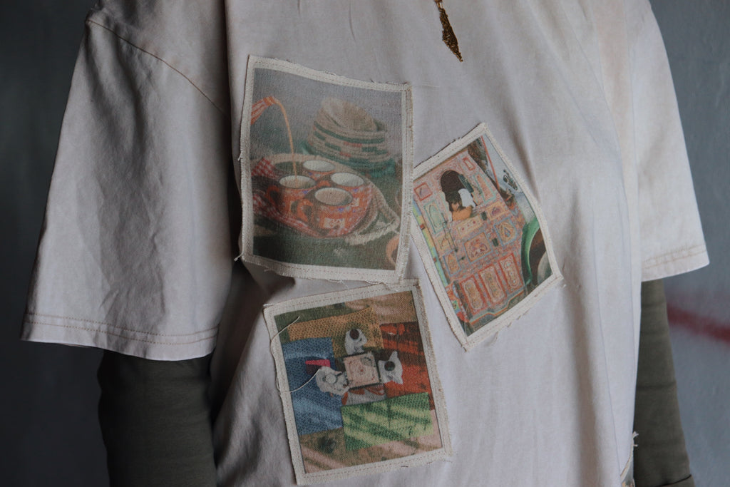 “Patches of Home” – Oversized Beige Light Acid-Washed 100% Cotton Tee
