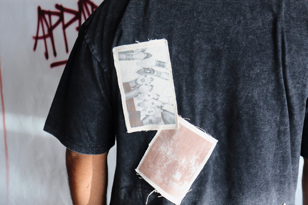 'Patches of Home' – Oversized Black Acid-Washed 100% Cotton Tee