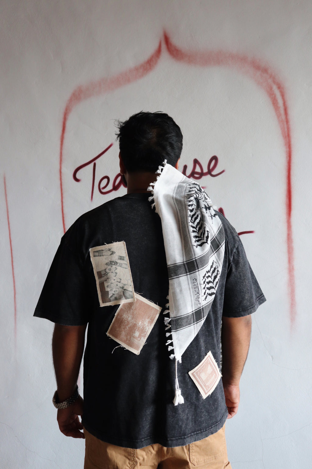 'Patches of Home' – Oversized Black Acid-Washed 100% Cotton Tee