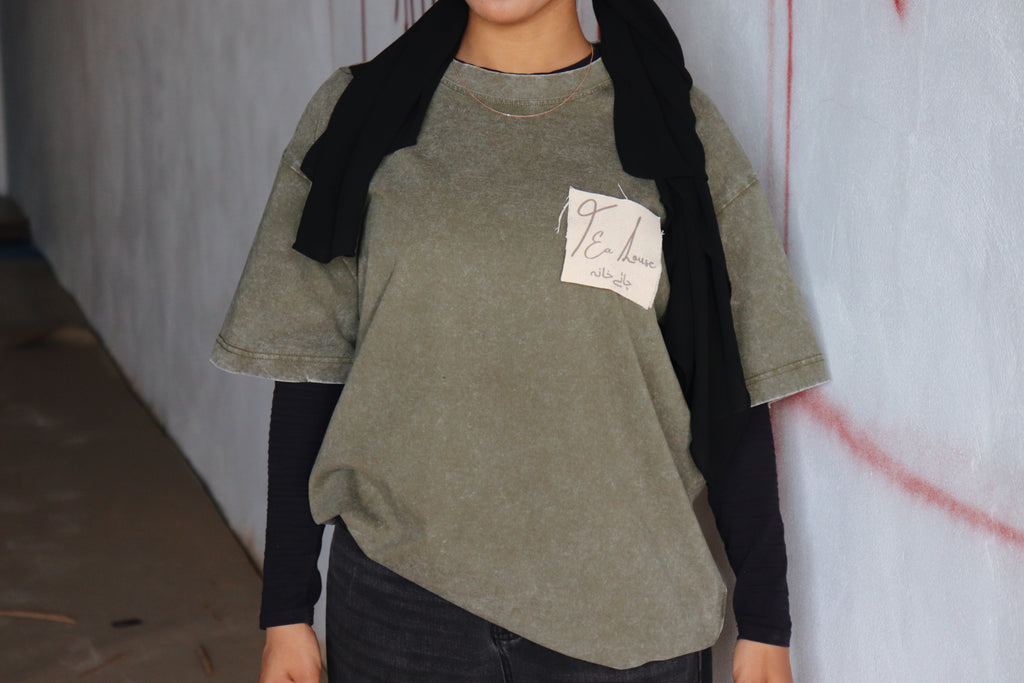 'Chaiwali' – Oversized Army Green Acid-Washed 100% Cotton Tee