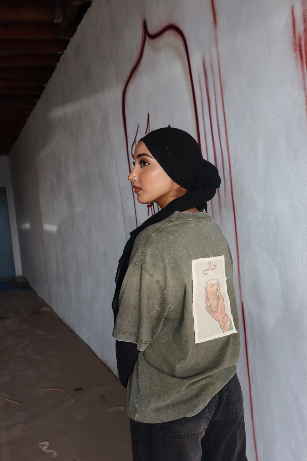 'Chaiwali' – Oversized Army Green Acid-Washed 100% Cotton Tee
