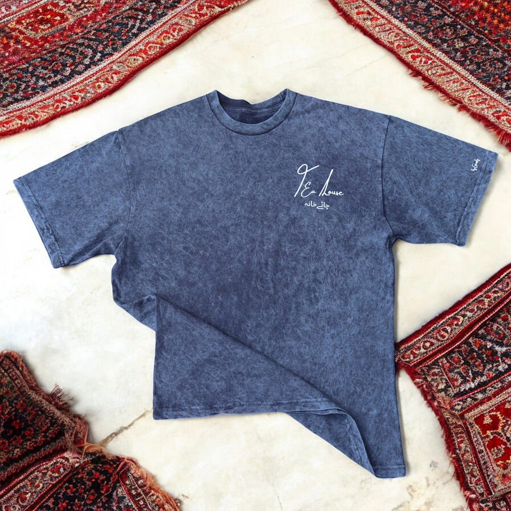 “This Is a Tea House” – Oversized Navy Acid-Washed 100% Cotton Tee
