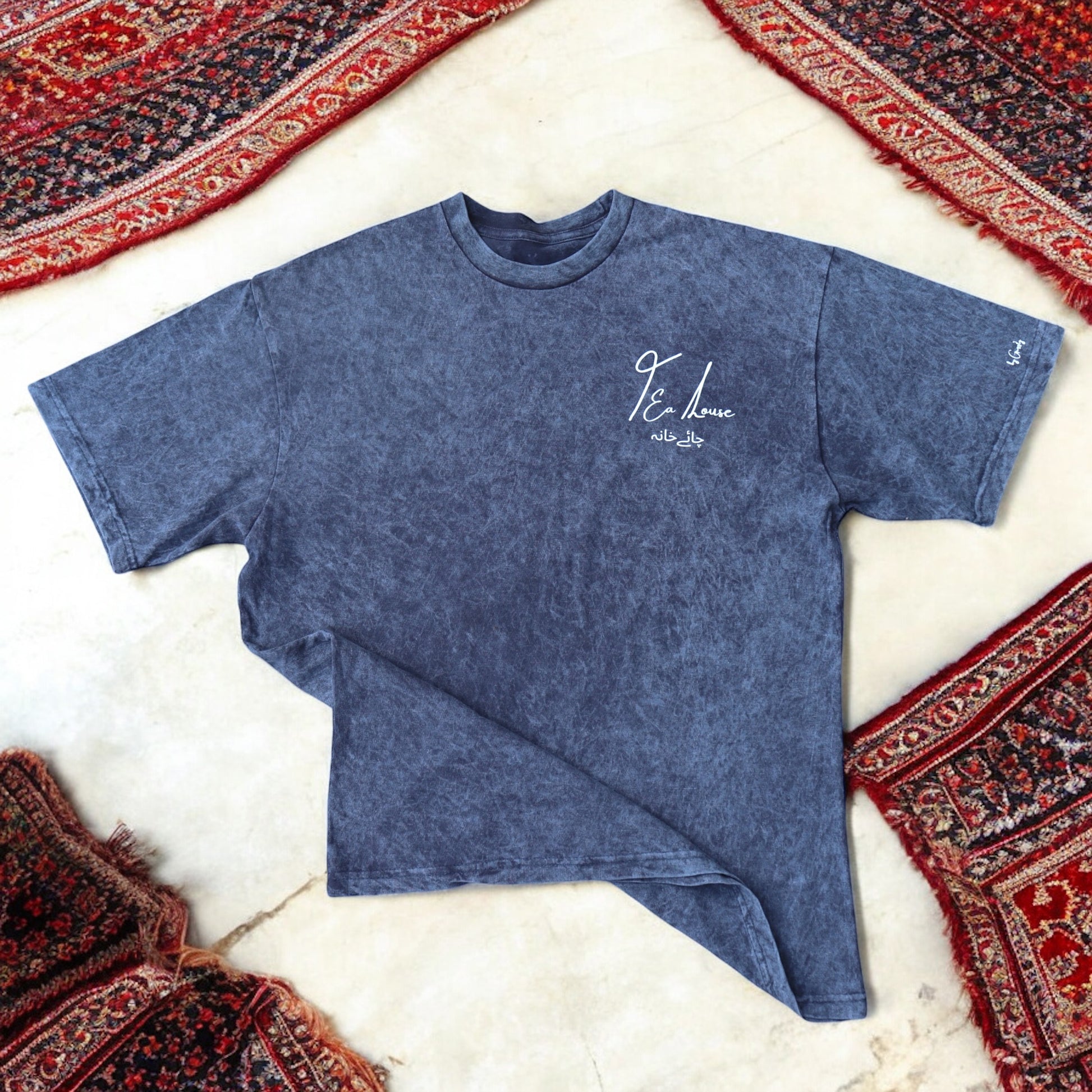 “This Is a Tea House” – Oversized Navy Acid-Washed 100% Cotton Tee