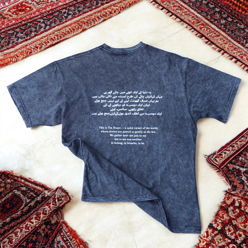 “This Is a Tea House” – Oversized Navy Acid-Washed 100% Cotton Tee