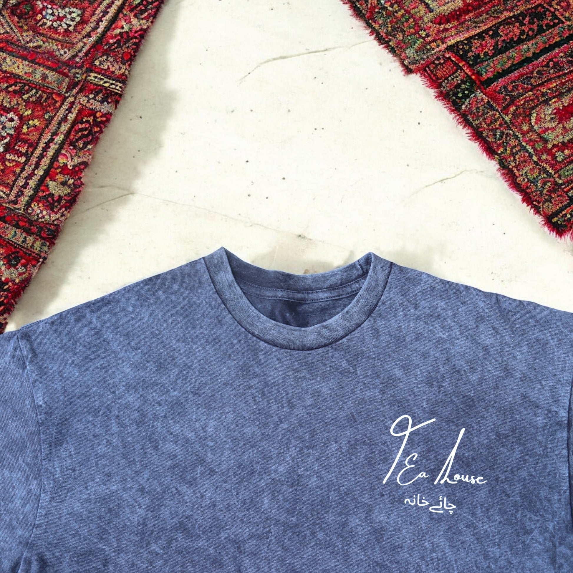 “This Is a Tea House” – Oversized Navy Acid-Washed 100% Cotton Tee