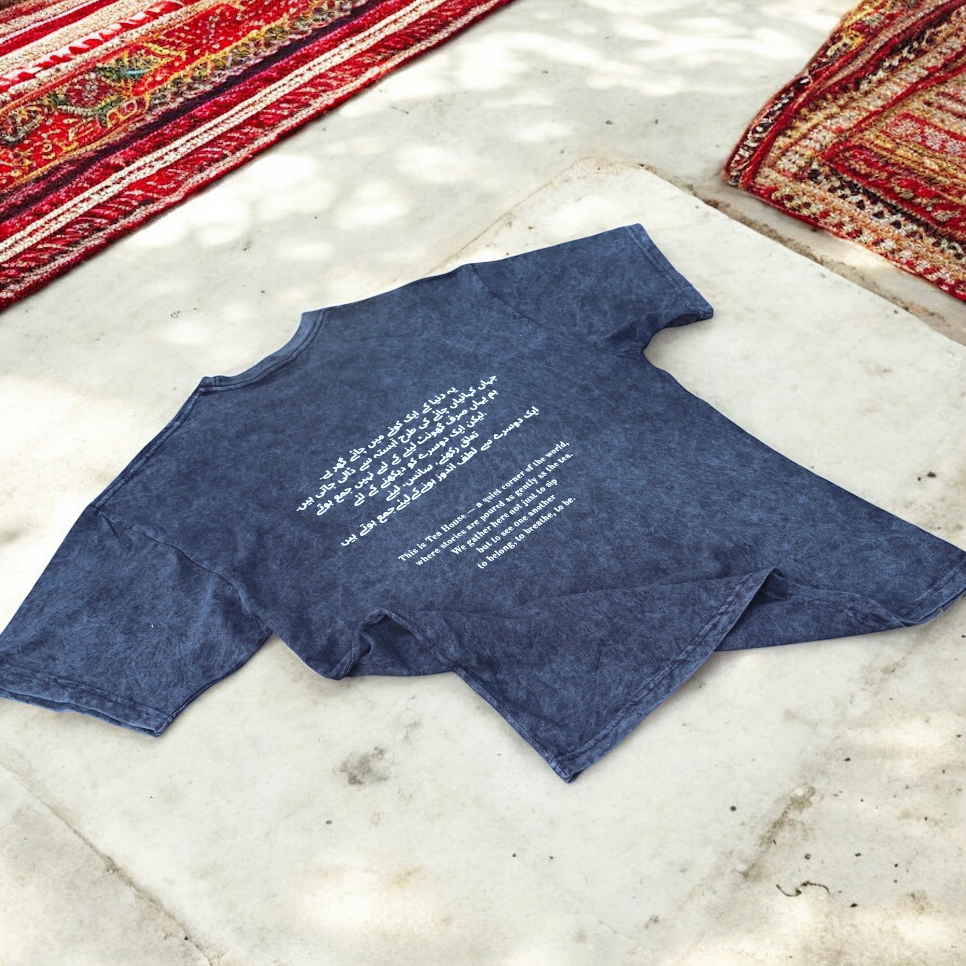 “This Is a Tea House” – Oversized Navy Acid-Washed 100% Cotton Tee